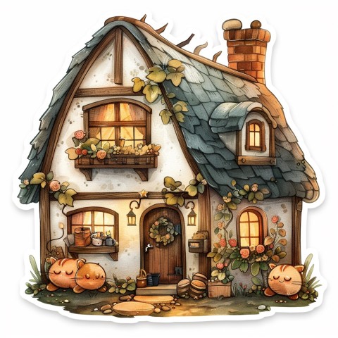 Cute Kawaii Stickers Quaint Cottage with Thatched Roof and Smiling Door on White Background (35)