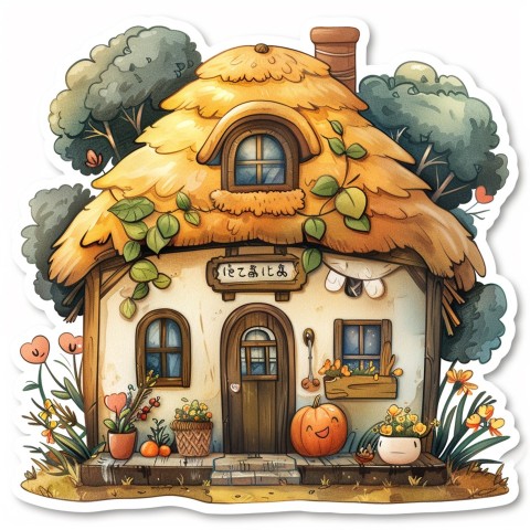 Cute Kawaii Stickers Quaint Cottage with Thatched Roof and Smiling Door on White Background (27)