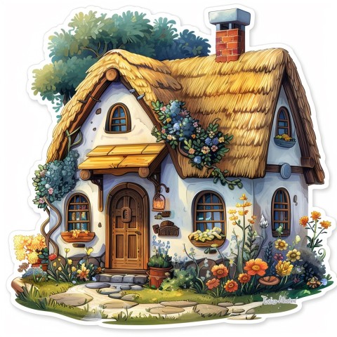 Cute Kawaii Stickers Quaint Cottage with Thatched Roof and Smiling Door on White Background (37)