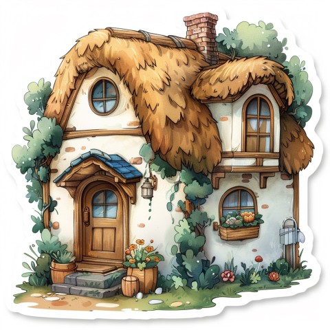 Cute Kawaii Stickers Quaint Cottage with Thatched Roof and Smiling Door on White Background (41)