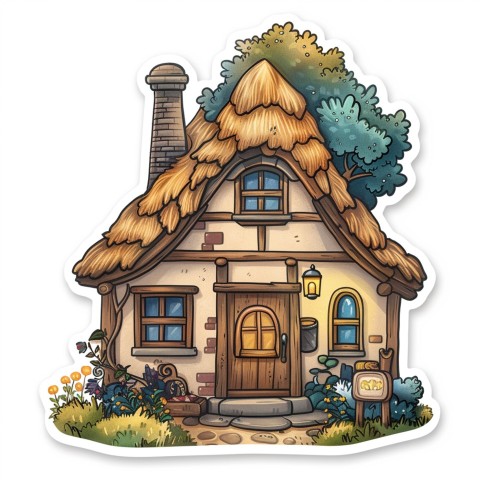 Cute Kawaii Stickers Quaint Cottage with Thatched Roof and Smiling Door on White Background (42)