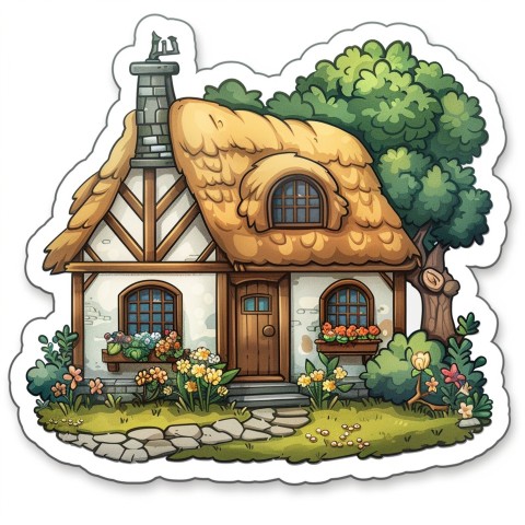 Cute Kawaii Stickers Quaint Cottage with Thatched Roof and Smiling Door on White Background (59)