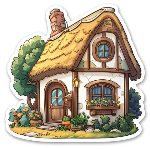 Cute Kawaii Stickers Quaint Cottage with Thatched Roof and Smiling Door on White Background (56)