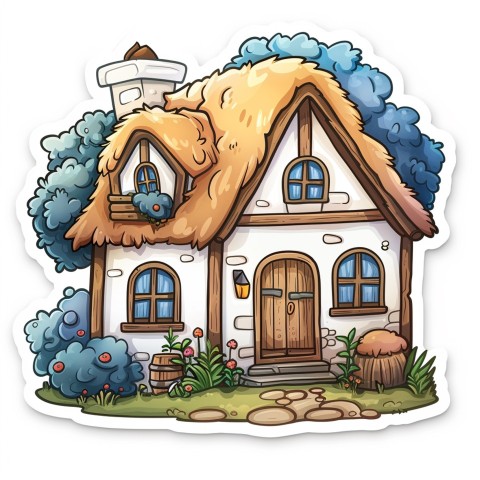 Cute Kawaii Stickers Quaint Cottage with Thatched Roof and Smiling Door on White Background (51)