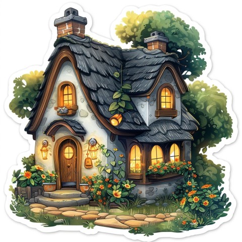 Cute Kawaii Stickers Quaint Cottage with Thatched Roof and Smiling Door on White Background (52)