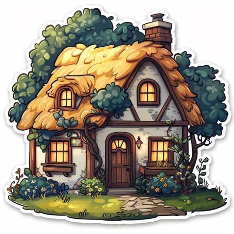 Cute Kawaii Stickers Quaint Cottage with Thatched Roof and Smiling Door on White Background (46)