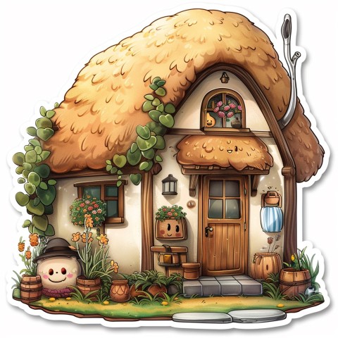 Cute Kawaii Stickers Quaint Cottage with Thatched Roof and Smiling Door on White Background (54)