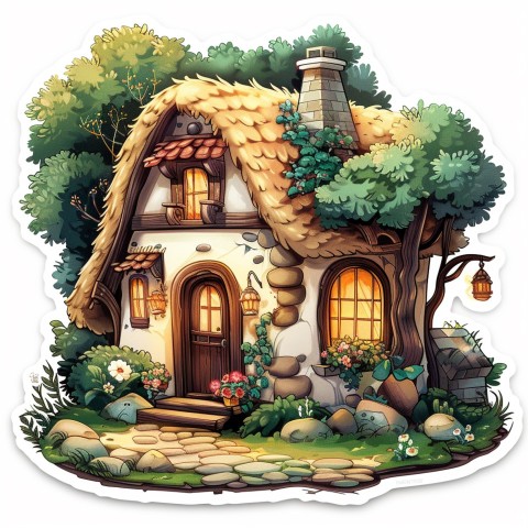 Cute Kawaii Stickers Quaint Cottage with Thatched Roof and Smiling Door on White Background (47)