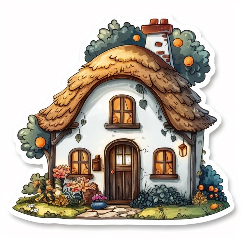 Cute Kawaii Stickers Quaint Cottage with Thatched Roof and Smiling Door on White Background (70)