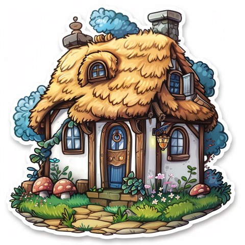 Cute Kawaii Stickers Quaint Cottage with Thatched Roof and Smiling Door on White Background (66)