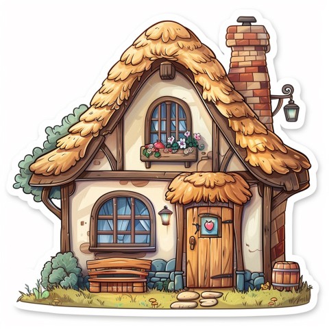 Cute Kawaii Stickers Quaint Cottage with Thatched Roof and Smiling Door on White Background (63)