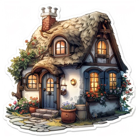 Cute Kawaii Stickers Quaint Cottage with Thatched Roof and Smiling Door on White Background (68)