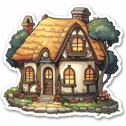 Cute Kawaii Stickers Quaint Cottage with Thatched Roof and Smiling Door on White Background (73)