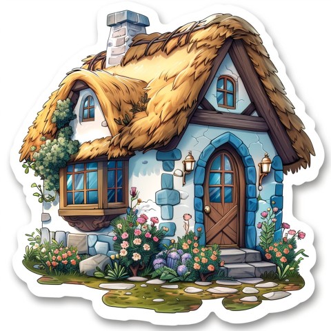 Cute Kawaii Stickers Quaint Cottage with Thatched Roof and Smiling Door on White Background (79)