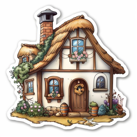 Cute Kawaii Stickers Quaint Cottage with Thatched Roof and Smiling Door on White Background (64)