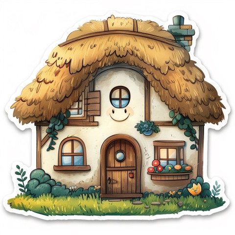 Cute Kawaii Stickers Quaint Cottage with Thatched Roof and Smiling Door on White Background (71)