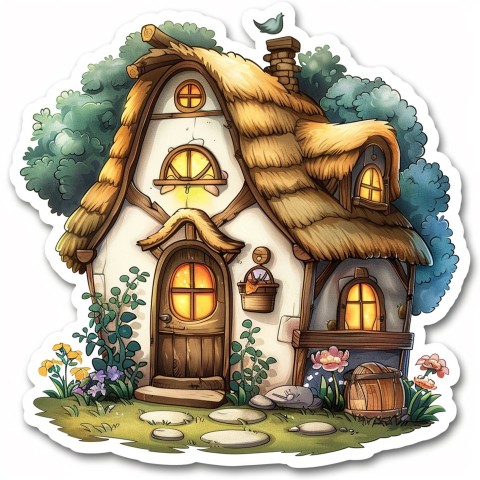 Cute Kawaii Stickers Quaint Cottage with Thatched Roof and Smiling Door on White Background (69)