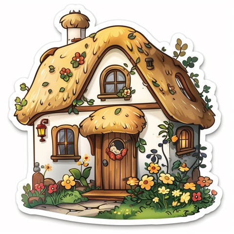 Cute Kawaii Stickers Quaint Cottage with Thatched Roof and Smiling Door on White Background (92)