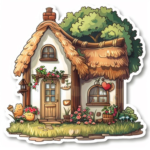 Cute Kawaii Stickers Quaint Cottage with Thatched Roof and Smiling Door on White Background (83)