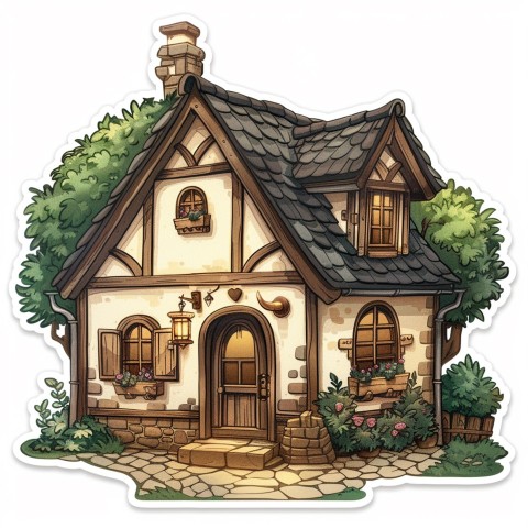 Cute Kawaii Stickers Quaint Cottage with Thatched Roof and Smiling Door on White Background (85)