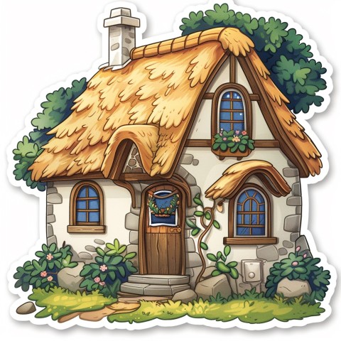 Cute Kawaii Stickers Quaint Cottage with Thatched Roof and Smiling Door on White Background (100)