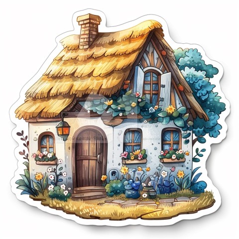 Cute Kawaii Stickers Quaint Cottage with Thatched Roof and Smiling Door on White Background (82)