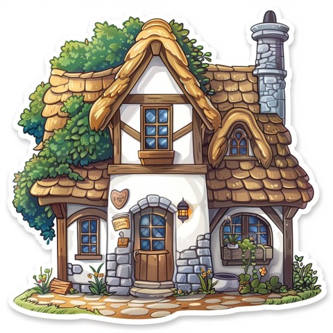 Cute Kawaii Stickers Quaint Cottage with Thatched Roof and Smiling Door on White Background (97)