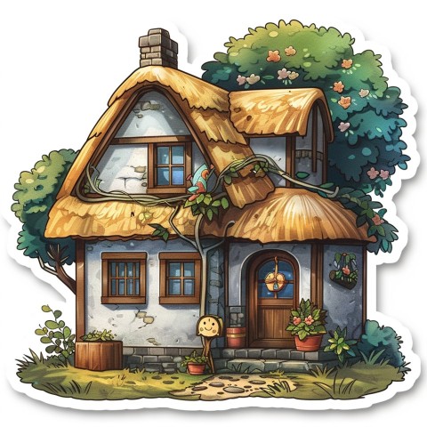 Cute Kawaii Stickers Quaint Cottage with Thatched Roof and Smiling Door on White Background (84)