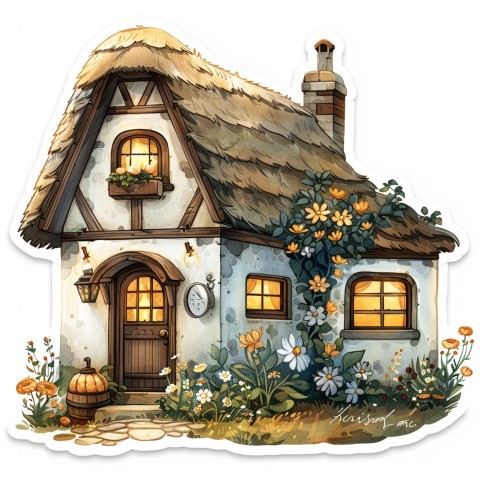 Cute Kawaii Stickers Quaint Cottage with Thatched Roof and Smiling Door on White Background (88)