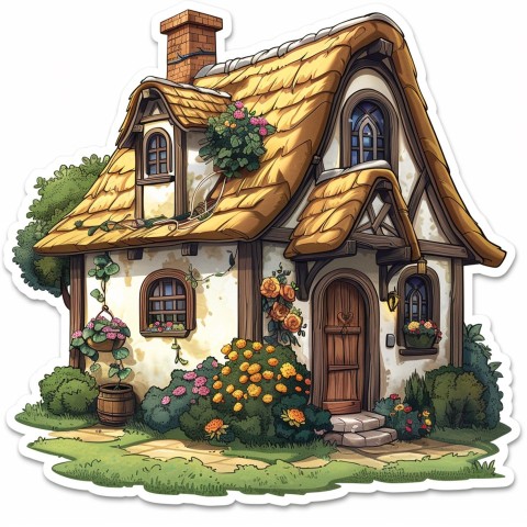 Cute Kawaii Stickers Quaint Cottage with Thatched Roof and Smiling Door on White Background (115)