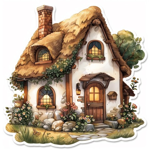 Cute Kawaii Stickers Quaint Cottage with Thatched Roof and Smiling Door on White Background (117)