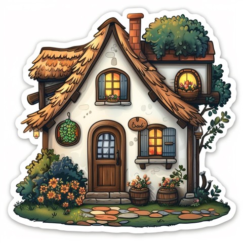 Cute Kawaii Stickers Quaint Cottage with Thatched Roof and Smiling Door on White Background (102)