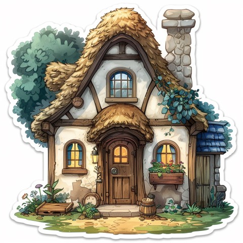 Cute Kawaii Stickers Quaint Cottage with Thatched Roof and Smiling Door on White Background (111)