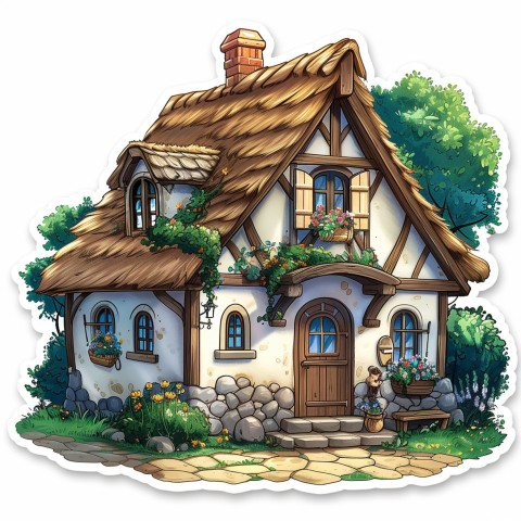 Cute Kawaii Stickers Quaint Cottage with Thatched Roof and Smiling Door on White Background (109)