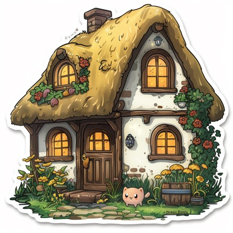 Cute Kawaii Stickers Quaint Cottage with Thatched Roof and Smiling Door on White Background (114)