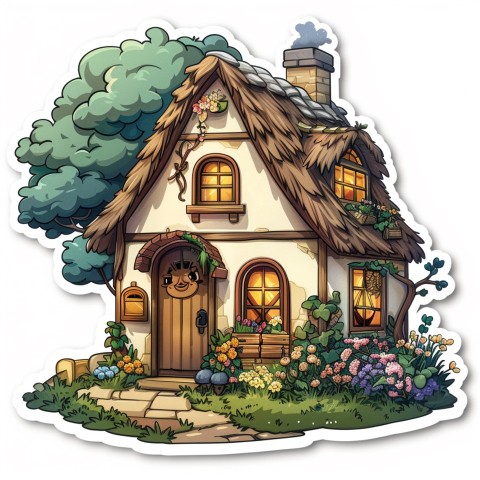 Cute Kawaii Stickers Quaint Cottage with Thatched Roof and Smiling Door on White Background (137)