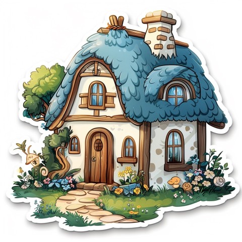 Cute Kawaii Stickers Quaint Cottage with Thatched Roof and Smiling Door on White Background (139)