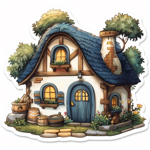 Cute Kawaii Stickers Quaint Cottage with Thatched Roof and Smiling Door on White Background (126)