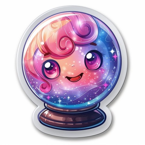 Cute Kawaii Stickers Sparkly Crystal Ball with Mystic Swirls and Knowing Smile on White Background (13)