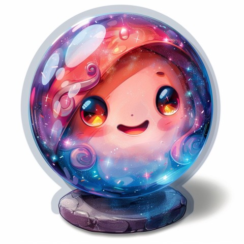 Cute Kawaii Stickers Sparkly Crystal Ball with Mystic Swirls and Knowing Smile on White Background (7)