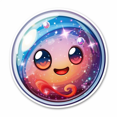 Cute Kawaii Stickers Sparkly Crystal Ball with Mystic Swirls and Knowing Smile on White Background (12)