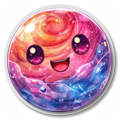 Cute Kawaii Stickers Sparkly Crystal Ball with Mystic Swirls and Knowing Smile on White Background (28)