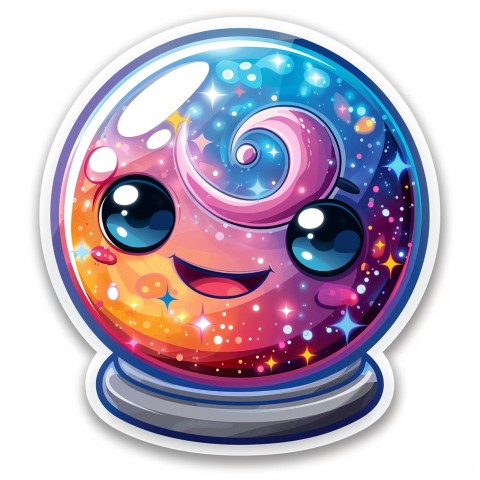 Cute Kawaii Stickers Sparkly Crystal Ball with Mystic Swirls and Knowing Smile on White Background (23)