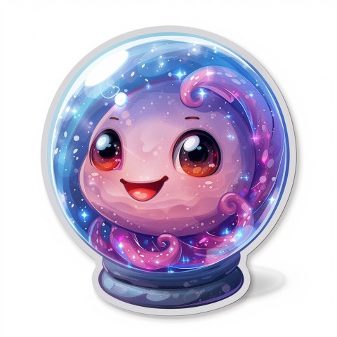 Cute Kawaii Stickers Sparkly Crystal Ball with Mystic Swirls and Knowing Smile on White Background (21)