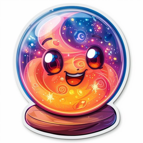 Cute Kawaii Stickers Sparkly Crystal Ball with Mystic Swirls and Knowing Smile on White Background (24)