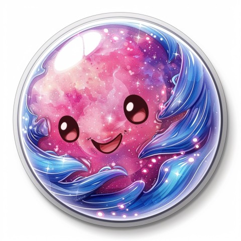 Cute Kawaii Stickers Sparkly Crystal Ball with Mystic Swirls and Knowing Smile on White Background (38)