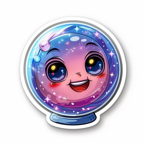 Cute Kawaii Stickers Sparkly Crystal Ball with Mystic Swirls and Knowing Smile on White Background (56)