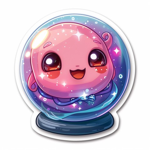 Cute Kawaii Stickers Sparkly Crystal Ball with Mystic Swirls and Knowing Smile on White Background (52)