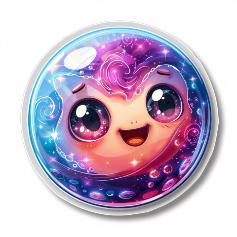 Cute Kawaii Stickers Sparkly Crystal Ball with Mystic Swirls and Knowing Smile on White Background (41)