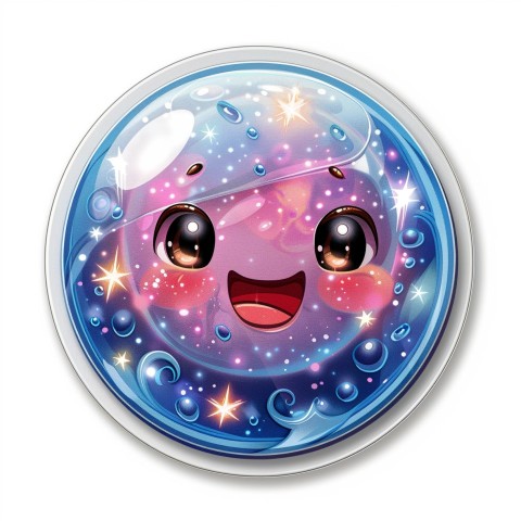 Cute Kawaii Stickers Sparkly Crystal Ball with Mystic Swirls and Knowing Smile on White Background (45)